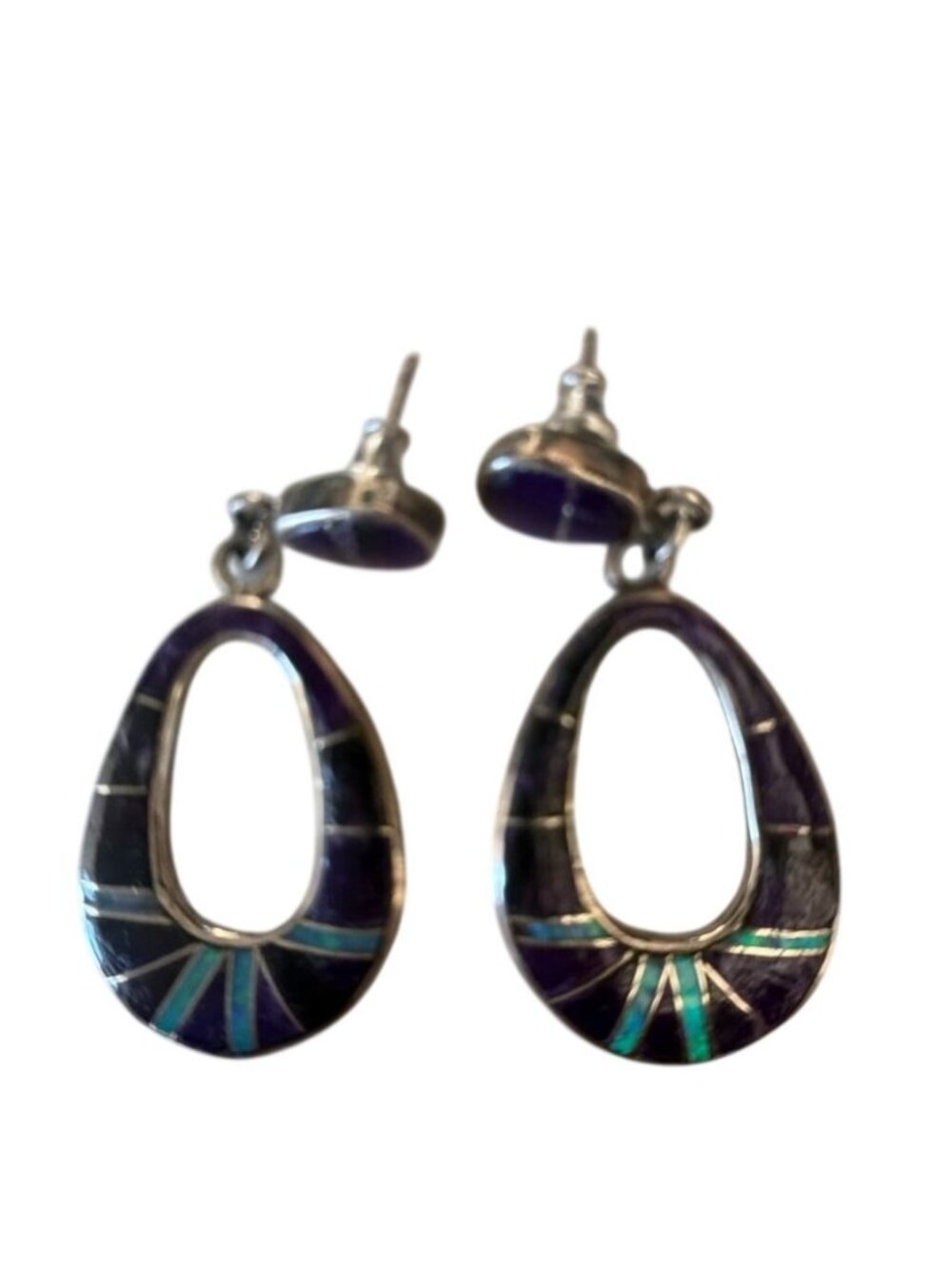 Sterling  Dangle Earrings Purple Sugilite & Opal Geometric Inlay Zuni/Navajo